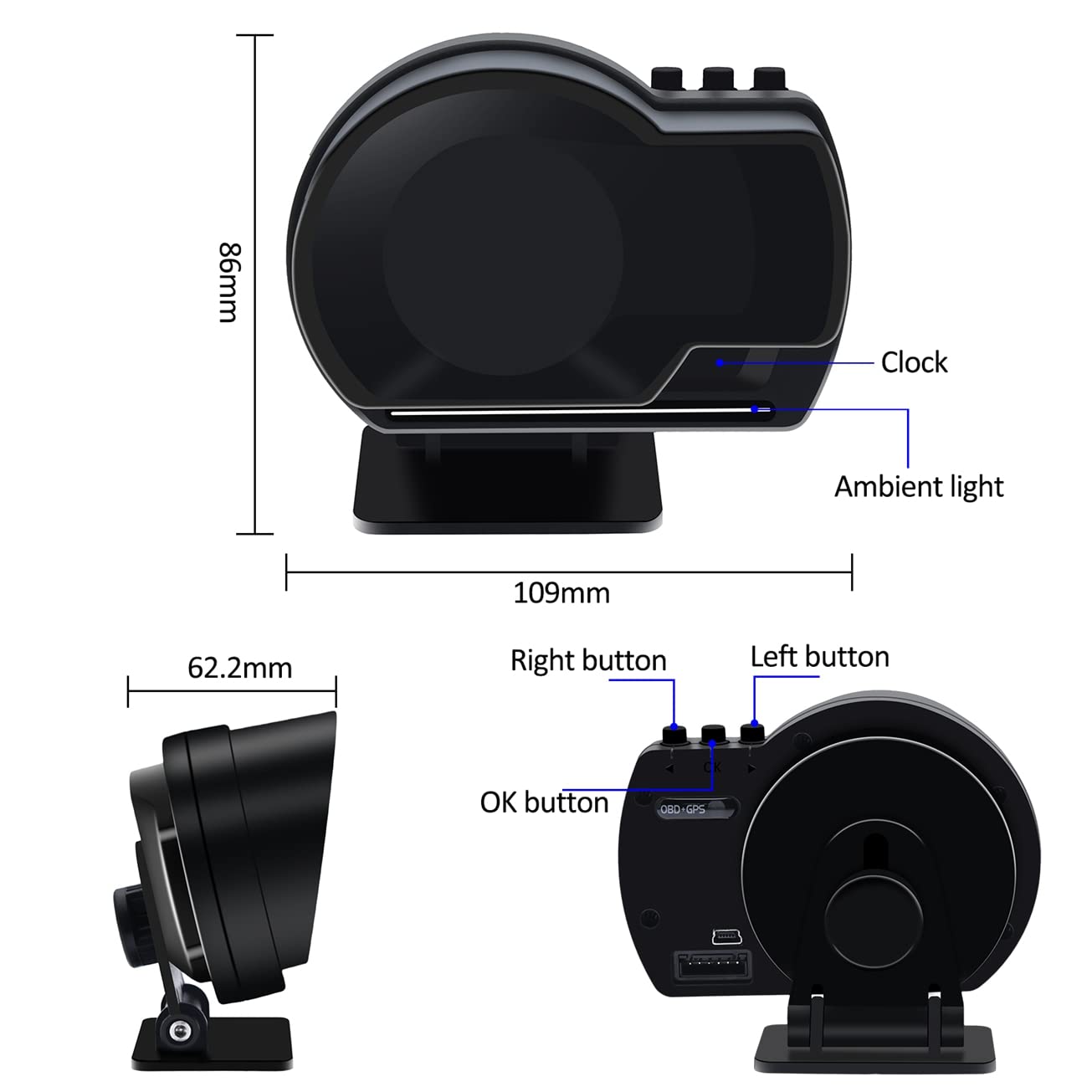 Kaolali Car Hud Head Up Display, Car Hud Display For Digital Obd+Gps Dual System Smart Gauge Display Mph Rpm Over Speeding Alarm