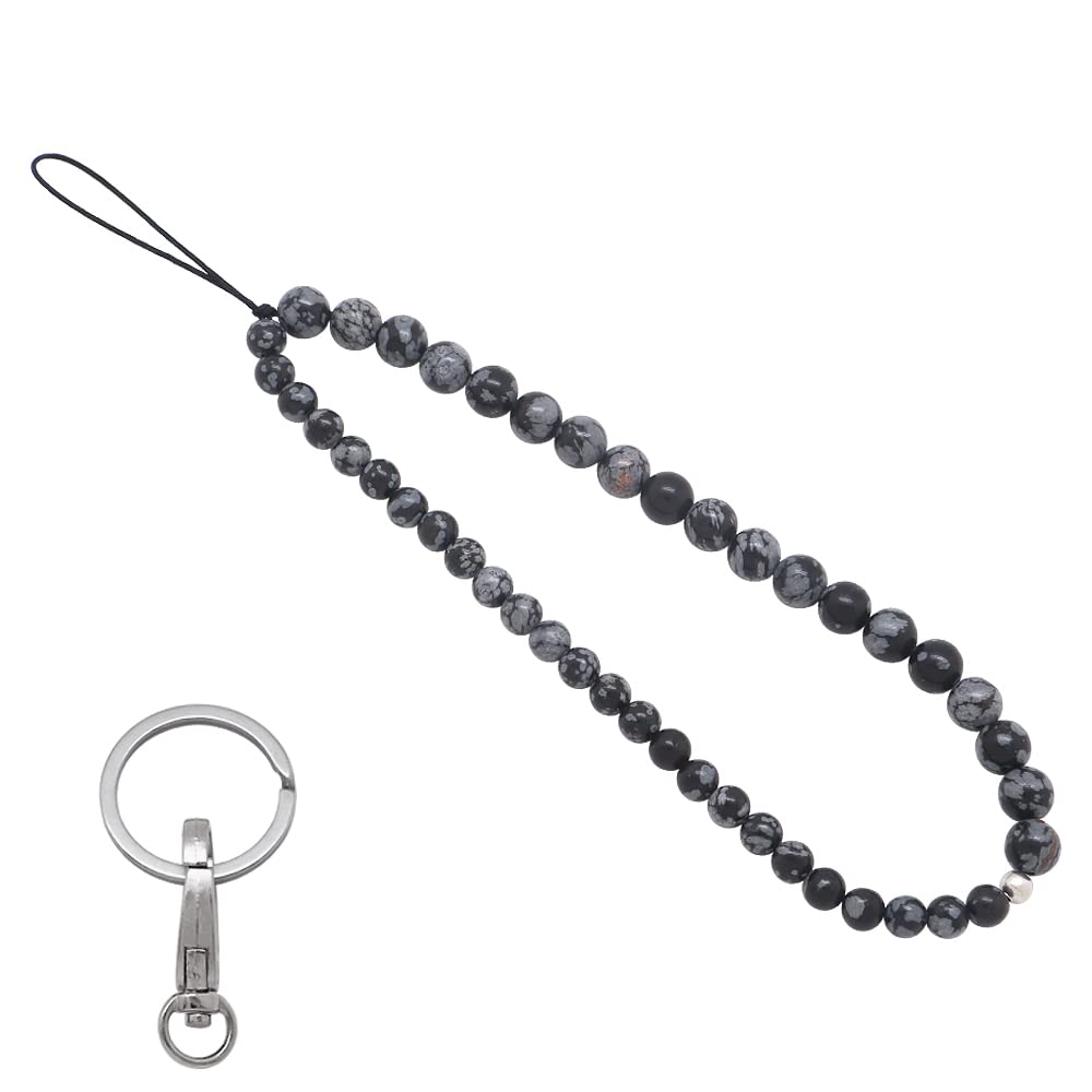 C&L Accessories Beaded Phone Charm Cell Phone Lanyard Wrist Strap Handmade Natural Gemstone (Snowflake Obsidian)