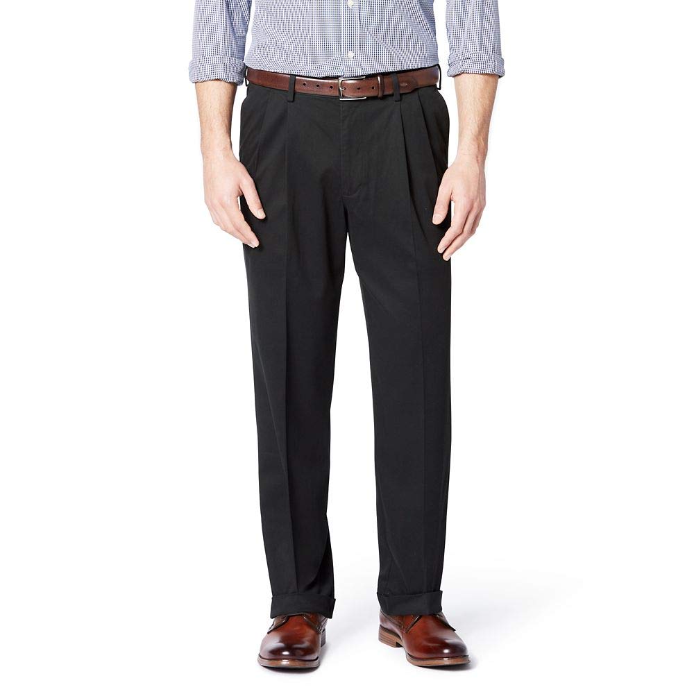 Dockers Mens Relaxed Fit Comfort Khaki Pants   Pleated, Black Metal (Stretch), 34W X 32L