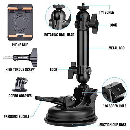 Heavy Duty F100Mm Suction Cup + Adjustable Dual Ball Head Action Camera Dash Cam Phone Car Mount Windscreen Window Cockpit Holde