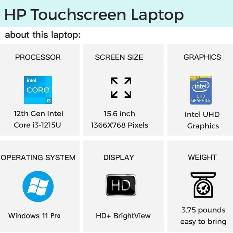 Hp 2024 Newest Business Laptop, 15.6'' Touchscreen Laptop, Intel Core I3-1215U, 8Gb Ram, 512Gb Ssd, Intel Uhd Graphics, Long Bat