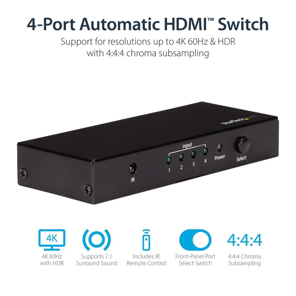 Startech.Com Hdmi 2.0 Switch   4 Port   4K 60Hz   Hdmi Automatic Video Switch Box   Multi Port Hub W/ 1 In 4 Out Functionality (