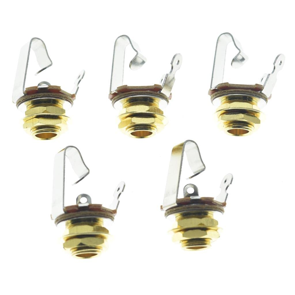 KAISH Gold Premium 5pcs Brass Material Metric Thread Audio 1/4 Female Guitar/Bass Output/Input Jack 6.35mm TS Mono Panel Mount J