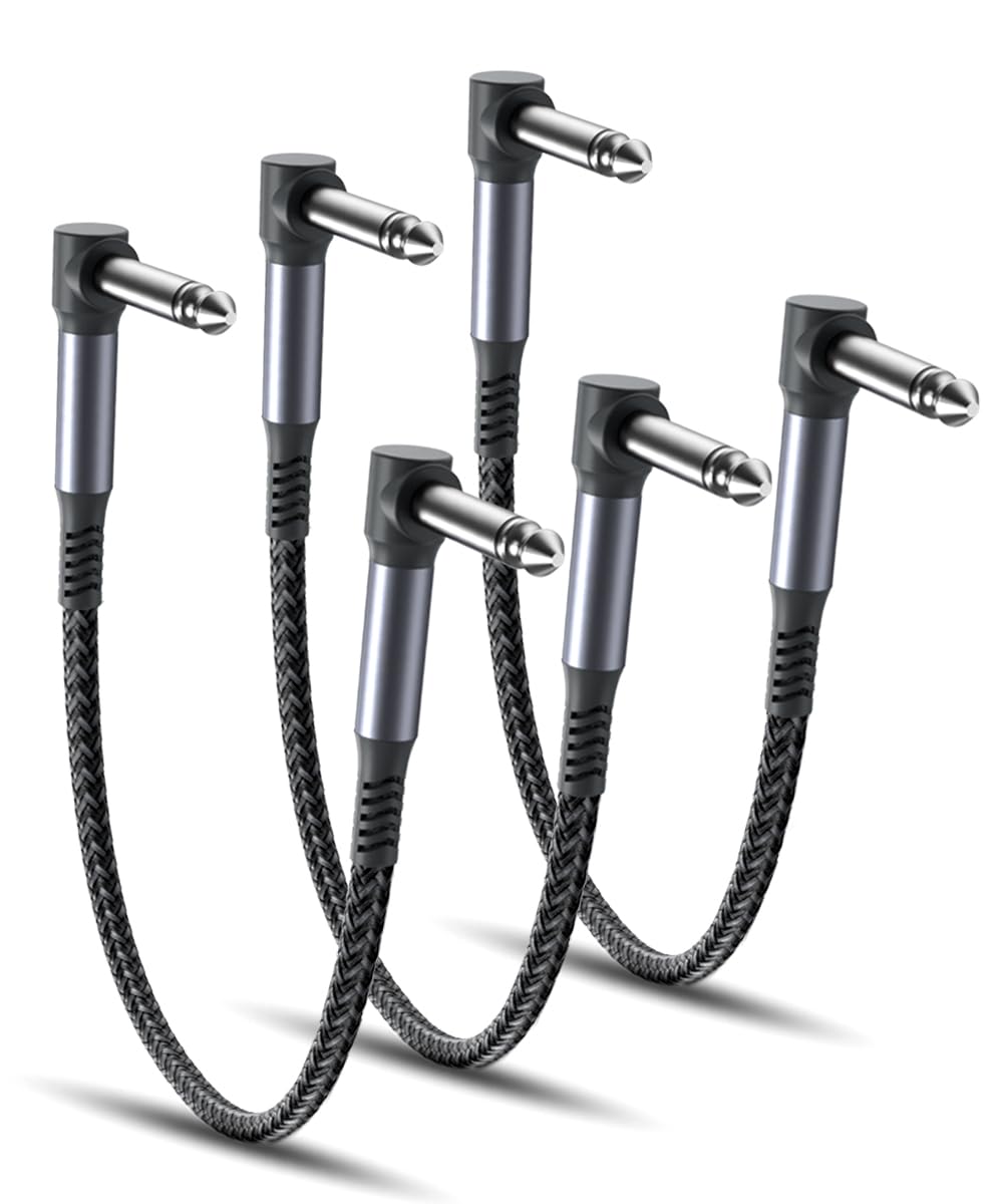 Ruxely Guitar Patch Cables 12 Inch 3 Pack,6.35Mm Effects Pedal Board Cord,Nylon Braided 1/4 Right Angle Instrument Audio Cable,Pedalboard Connector Ts Copper Wire For Amp/Amplifier,Mixer,Electric Bass