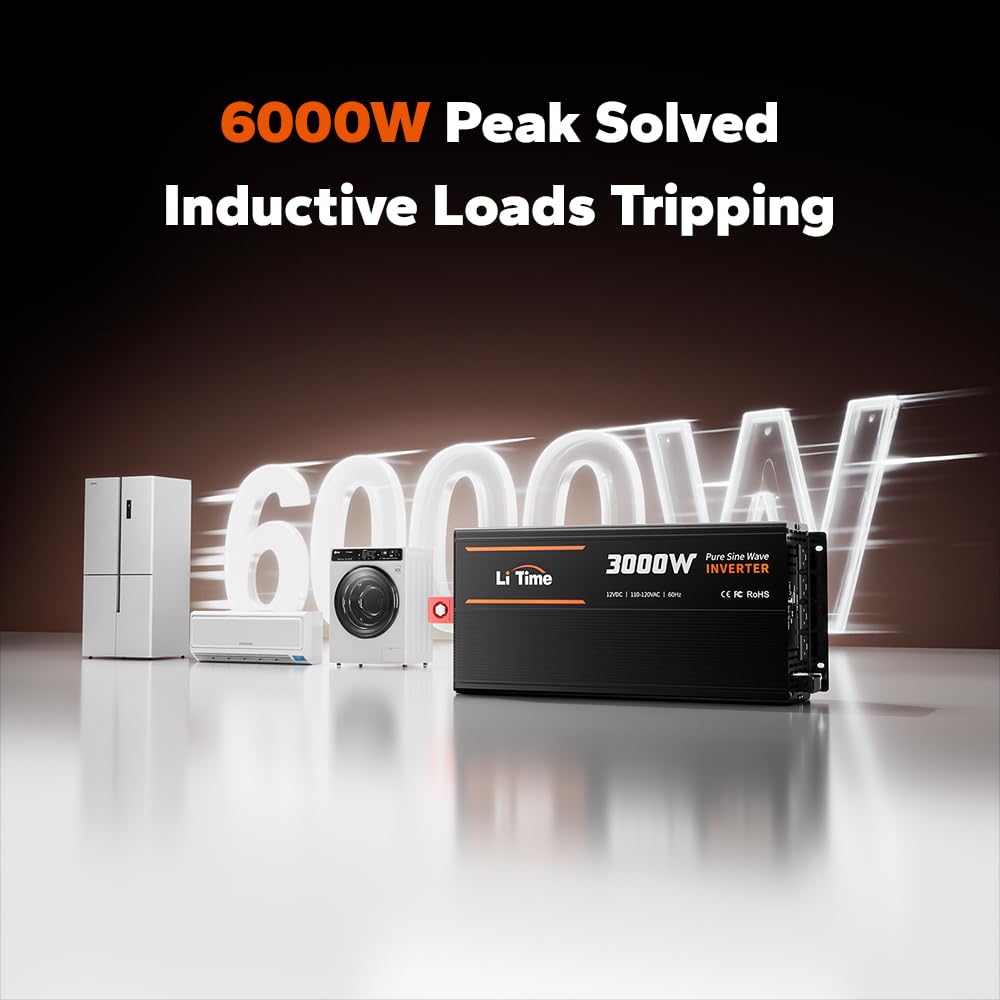 Litime 3000W Pure Sine Wave Inverter 12V Dc To 120V Ac Converter With Remote Control, Surge 6000W, Built-In 4 Ac Outlets, Usb Po