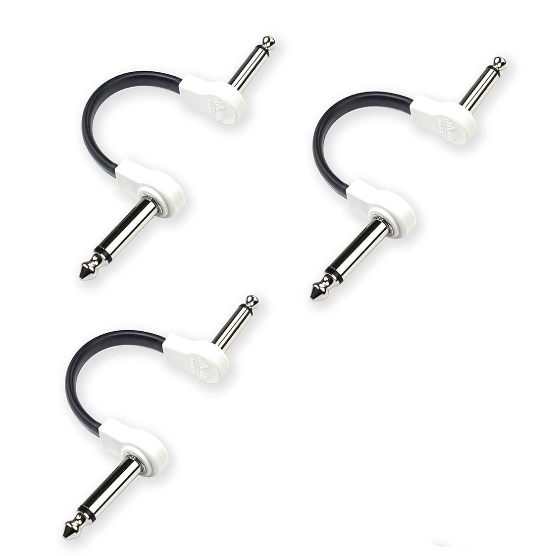 M Maka Flat Low Profile Guitar Patch Cable 4 Inch For Effects Pedals, 1/4 Inch Right Angle, White, 3 Pack
