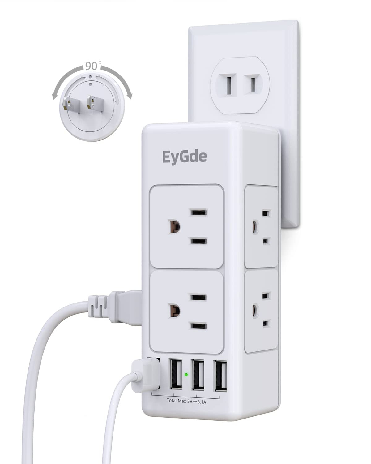 2 Prong Power Strip With Rotating Plug, Eygde Multi Plug Outlet Extender, Multiple Outlet Splitter(3 Sided 6 Sockets) And 4 Usb