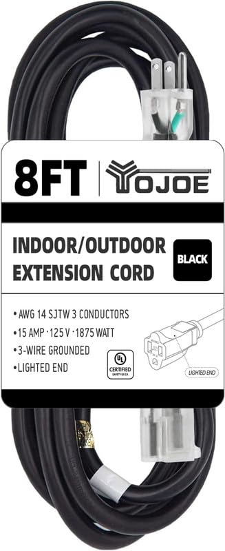 Yojoe Indoor Outdoor Extension Cord With Lighted End, 3 Prong 15A Weatherproof Power Extension Cord, 14 Gauge Heavy Duty 8 Ft Bl