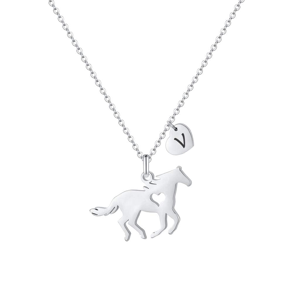 MONOOc Horse gifts for Women- V Initial Necklaces for Women Dainty Initial Jewelry Horse Necklaces for Women Horse Necklace Hors