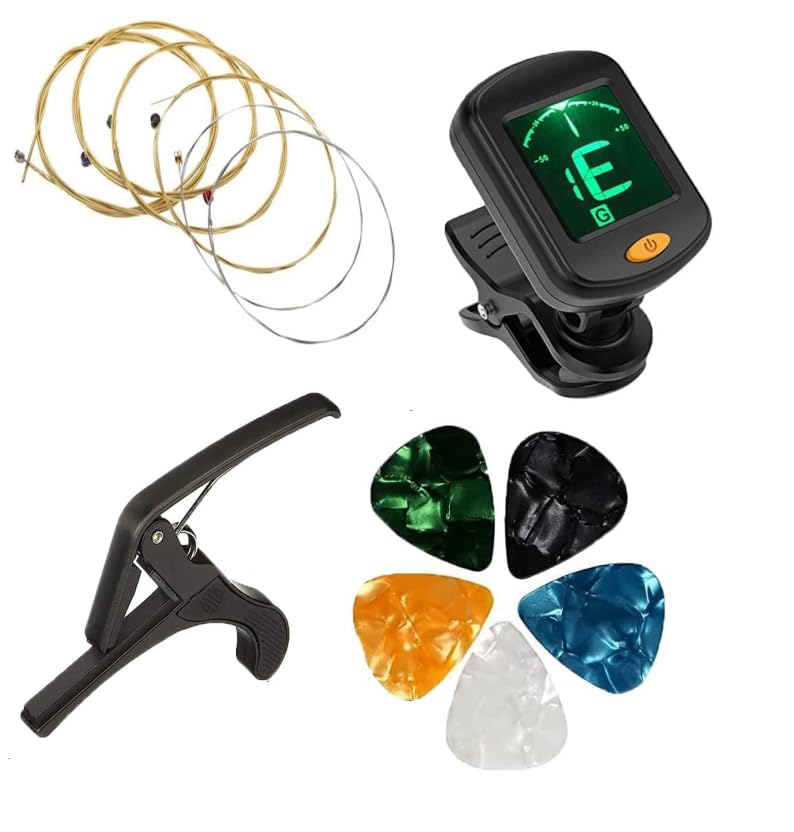 Flare Guitar String With Tuner, Metal Capo, 5 Multi Color Picks, 6 Stainless Steel String For All Instruments Acoustic Electric