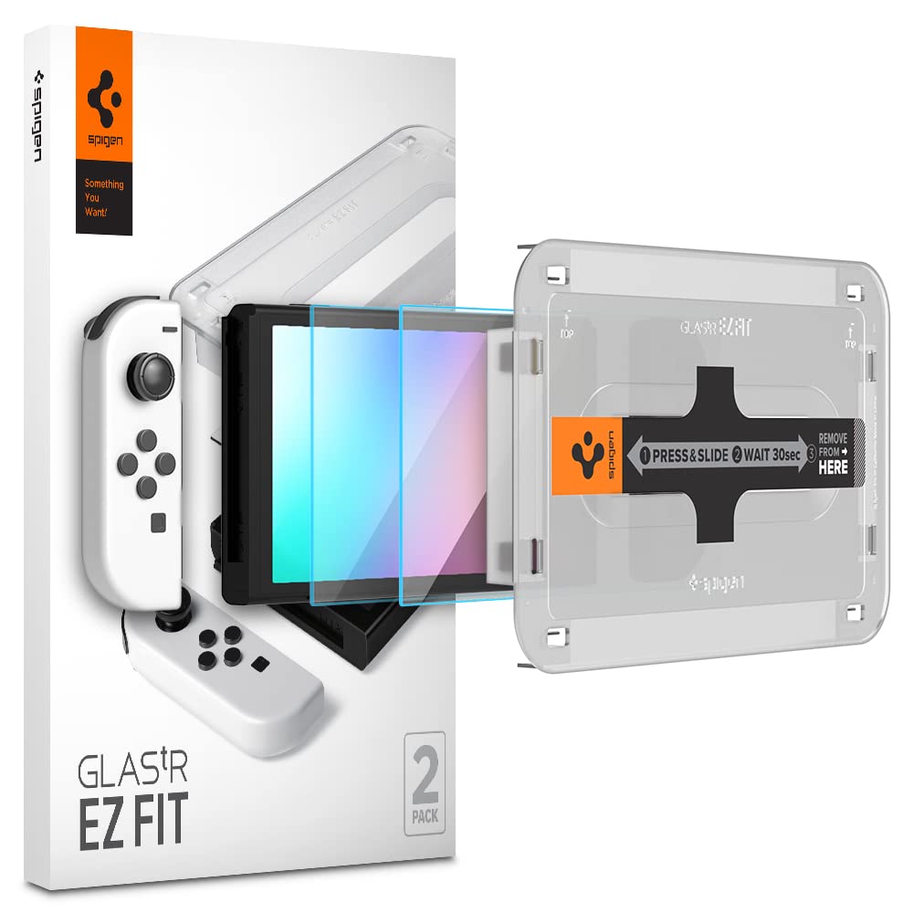 Spigen Tempered Glass Screen Protector [Glastr Ez Fit] Designed For Nintendo Switch (Oled Model)   2 Pack