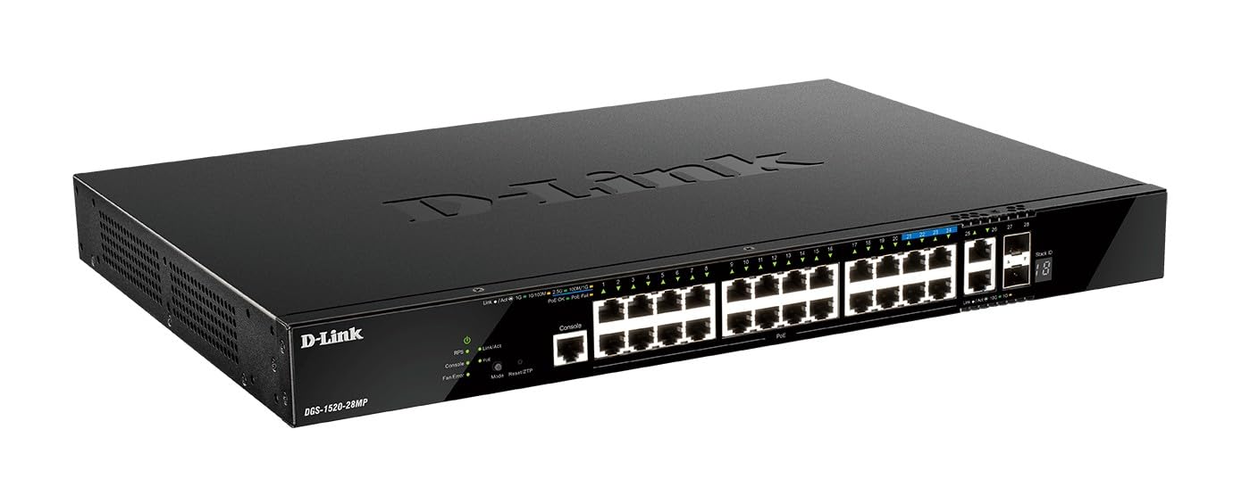 D Link 28 Port Poe Switch, Gigabit Ethernet Layer 3 Stackable Smart Managed, 20X Poe (370 Watt), 4X 2.5Gbase T Poe, 2X 10Gbase T