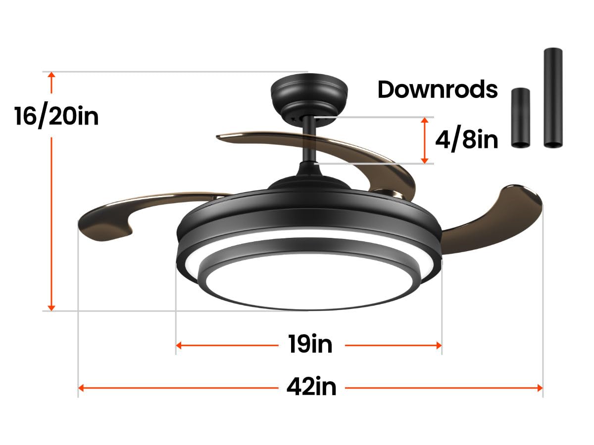42 Inch Black Modern Ceiling Fan With Lights And Remote Retractable Fandelier Ceiling Fan 6 Speed Dimmable Memory Led Ceiling Fa