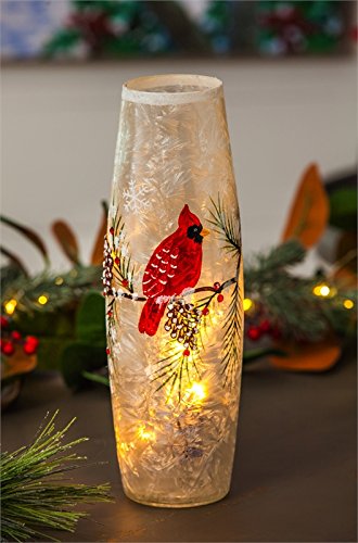 Cypress Home Beautiful Christmas Pine Cones And Cardinal Hand Painted Glass Led Cylinder Table D  Cor   4 X 4 X 12 Inches Indoor