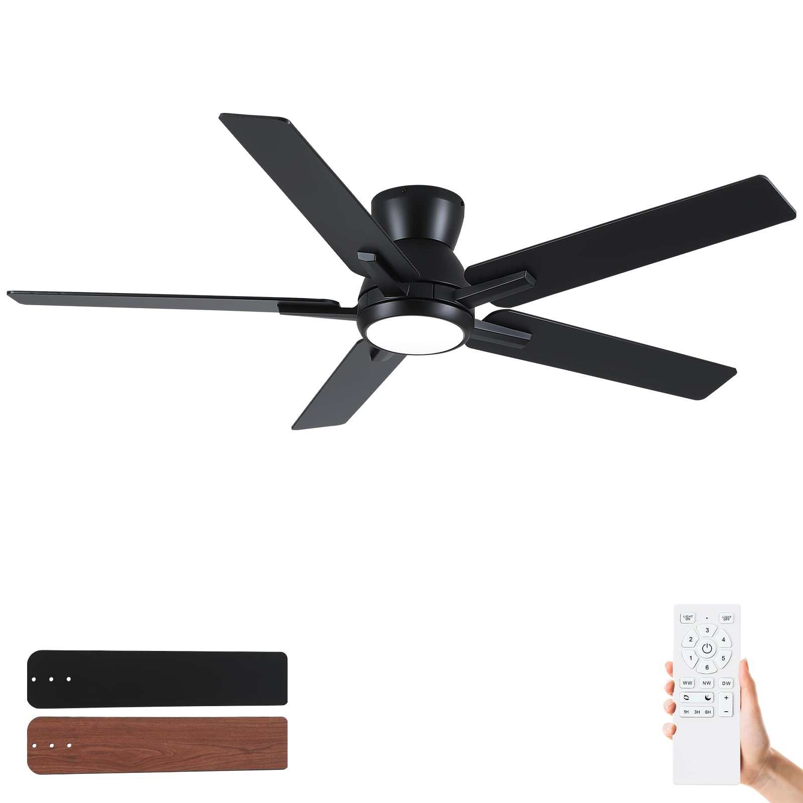 52 Inch Ceiling Fans With Lights,Black Low Profile Ceiling Fan With Light And Remote Control,Flush Mount,6 Speed Reversible Dc M