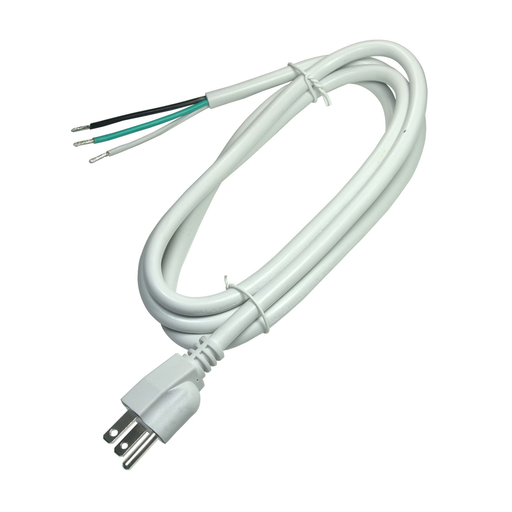 White Sjtw 14Awg 3 Conductor 3 Prong Power Cord With Open Wiring, Nema 5 15P To 3 Wire 15A 125Vac, 6 Ft Replacement Power Cord W