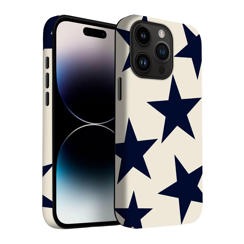 Yuzbira for iPhone 14 Pro Max Case | Beige Navy Blue Stars | Slim Drop Protection Design