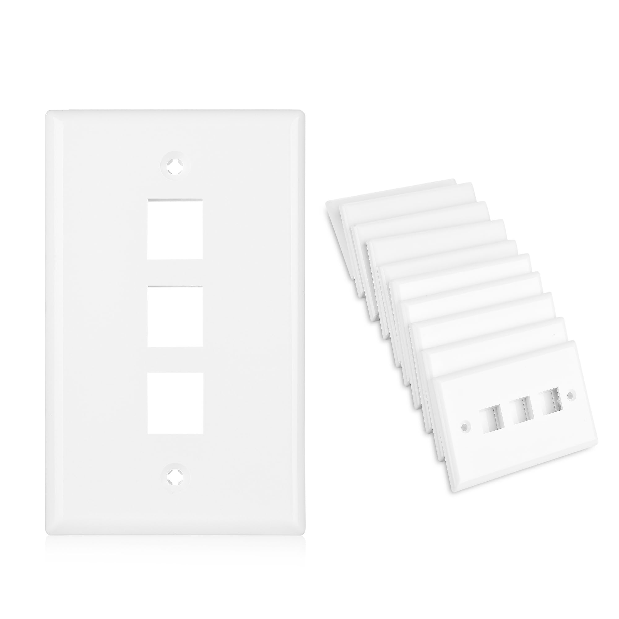Cable Matters 10 Pack Low Profile 3 Port Keystone Jack Wall Plate, RJ45 Wall Plate for Keystone Jacks in White