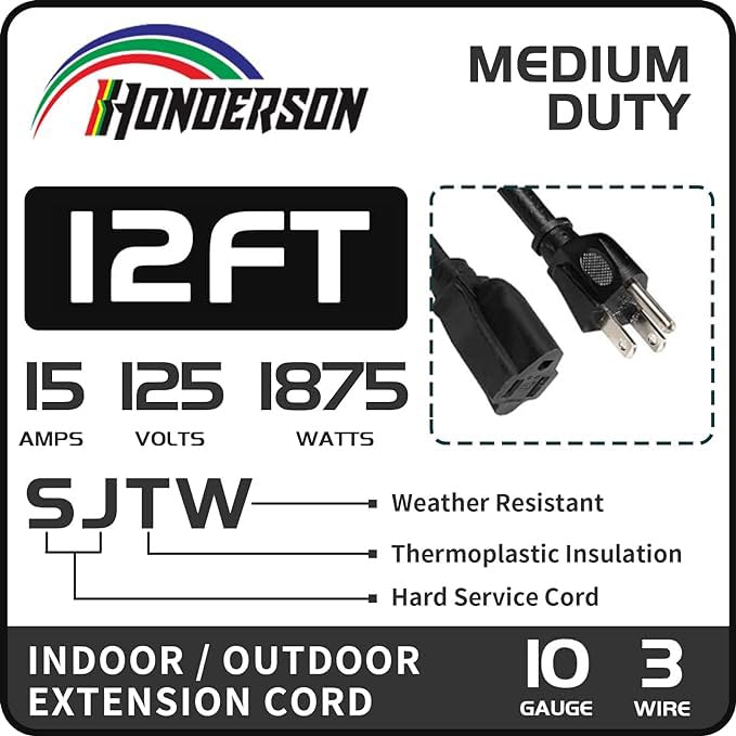 Honderson Indoor Outdoor Extension Cord Weatherproof, Ul Listed, 10 Gauge 12Ft Black 3 Prong Heavy Duty, 10/3 Sjtw 15A Power Cor