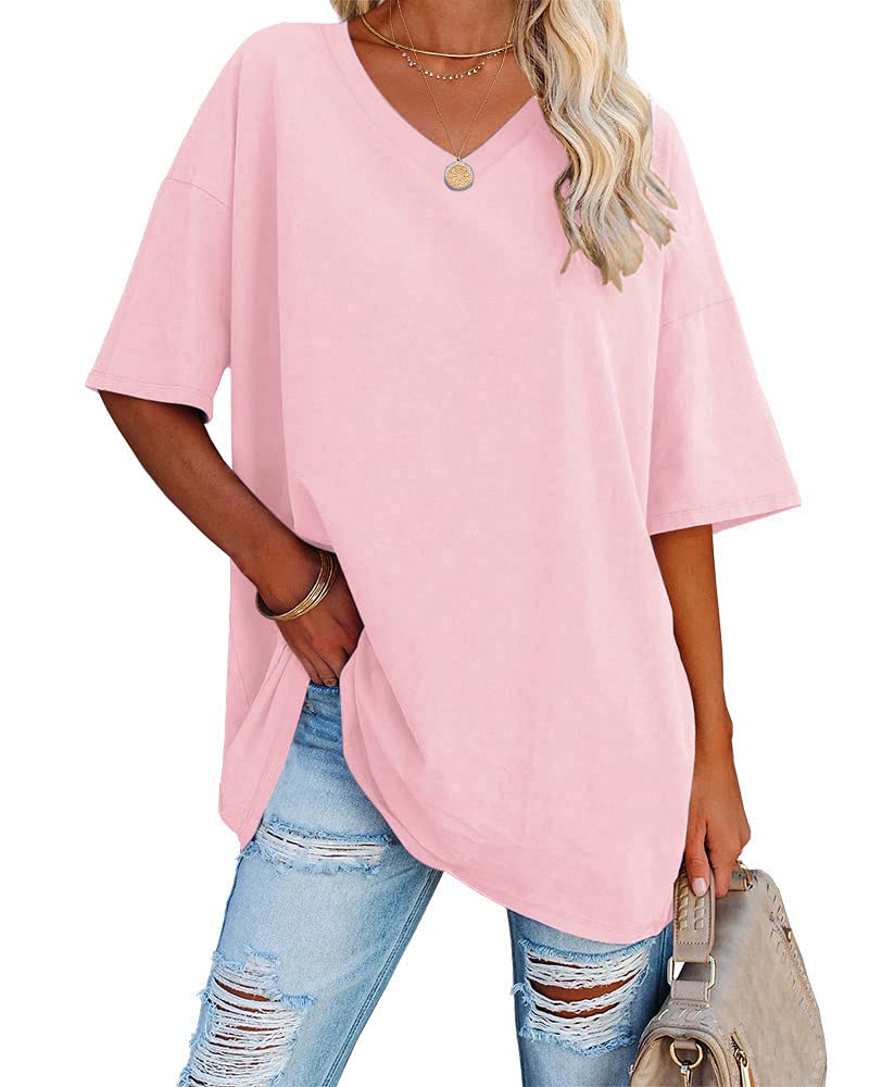 Ebifin Womens Oversized T Shirts Tees Half Sleeve V Neck Comfy Cozy Cotton Tunic Tops