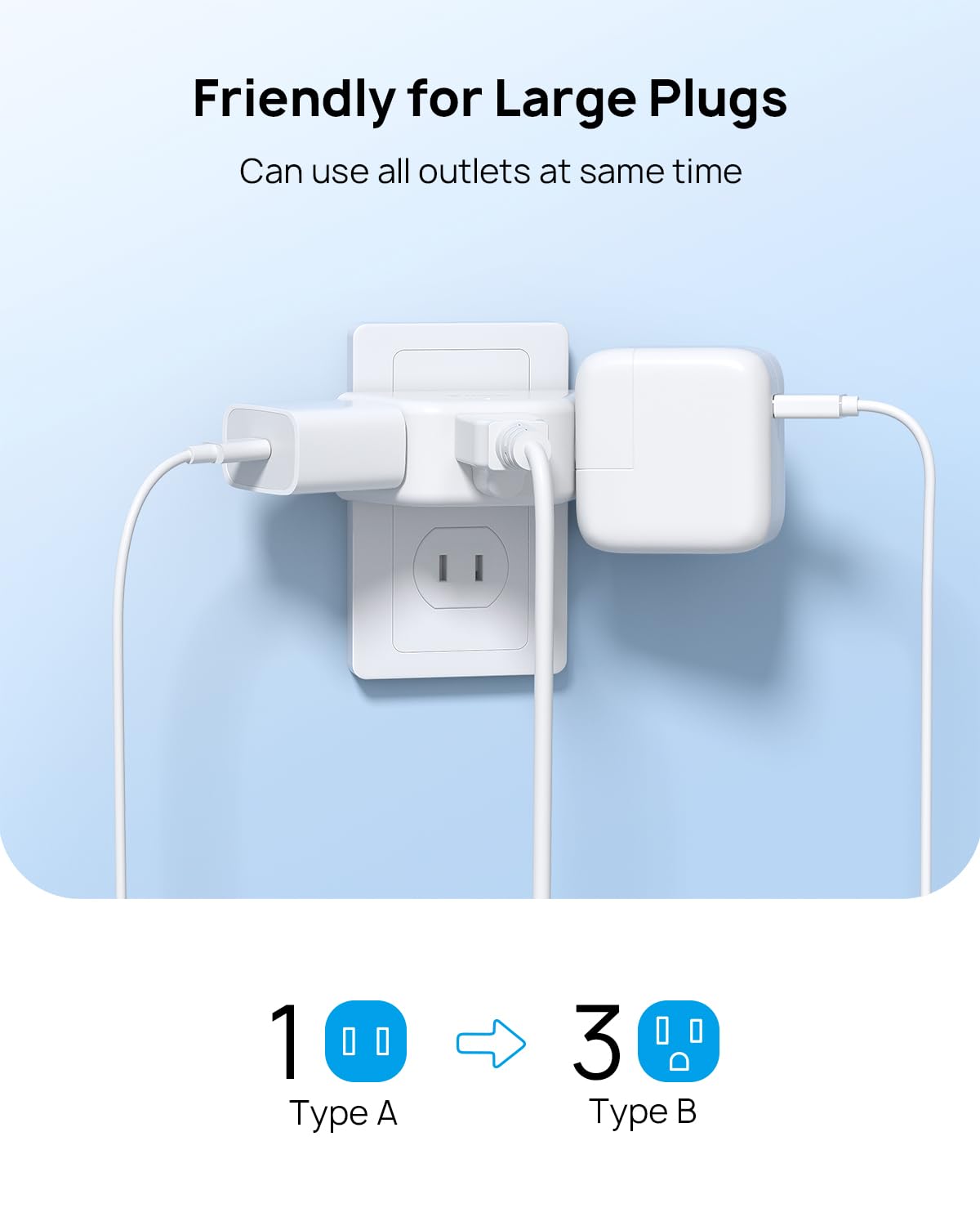 Trond 2 Prong To 3 Prong Outlet Adapter, 3 Way Angled Plug Extender With 3 Ac Sockets, Wall Splitter For Non Grounded Outlets In