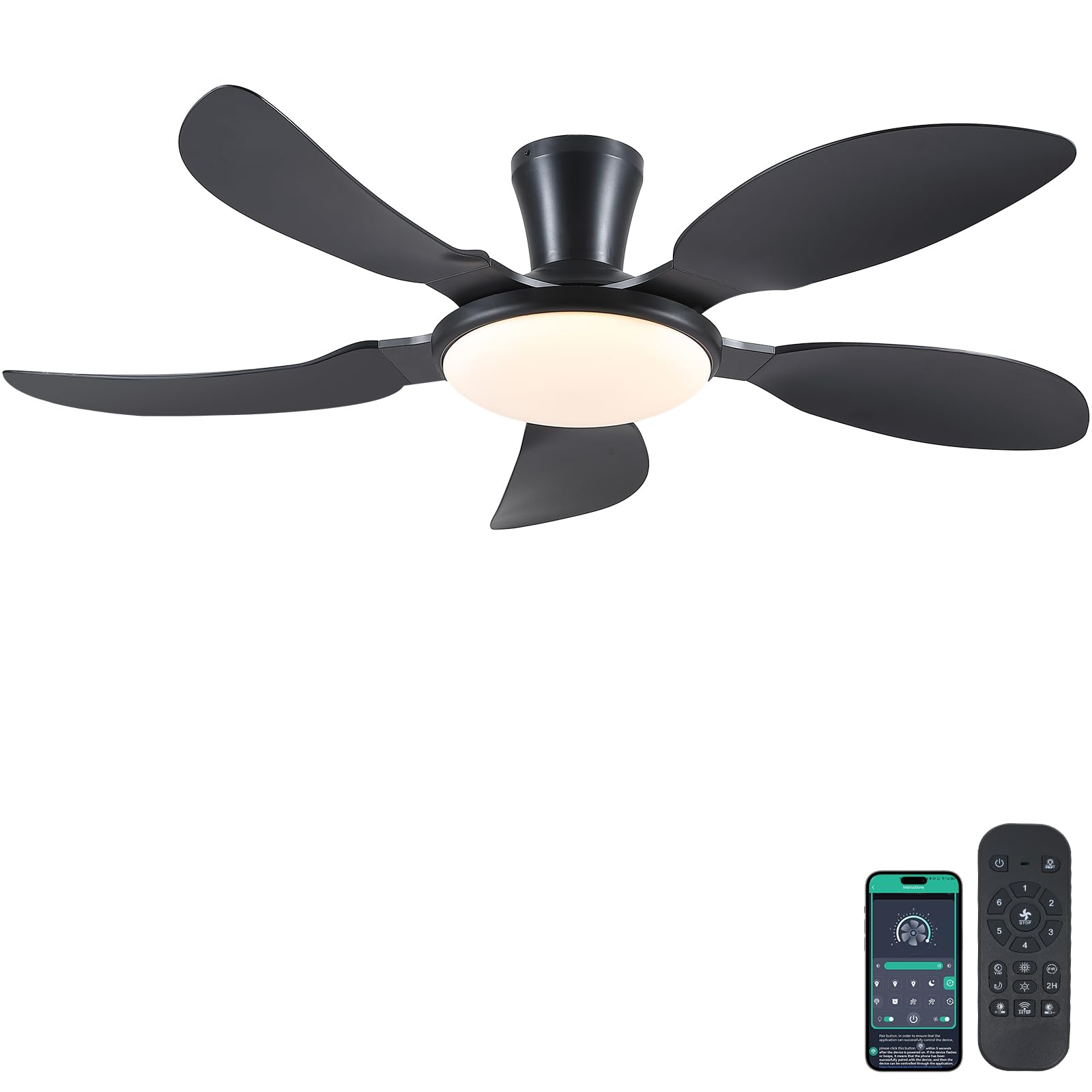PHORUS 52 Low Profile Ceiling Fans with Lights and Remote,Black Ceiling Fans with Quiet Reversible DC Motor, Modern Flush Mount 