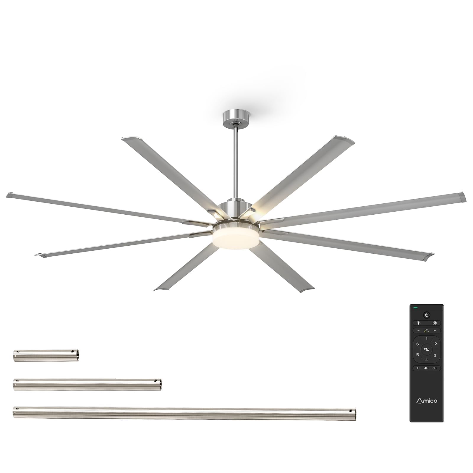 Amico Ceiling Fan With Light, Industrial Large Ceiling Fan With Quiet Dc Motor, 8 Aluminum Reversible Blades, 6 Speed Remote Con