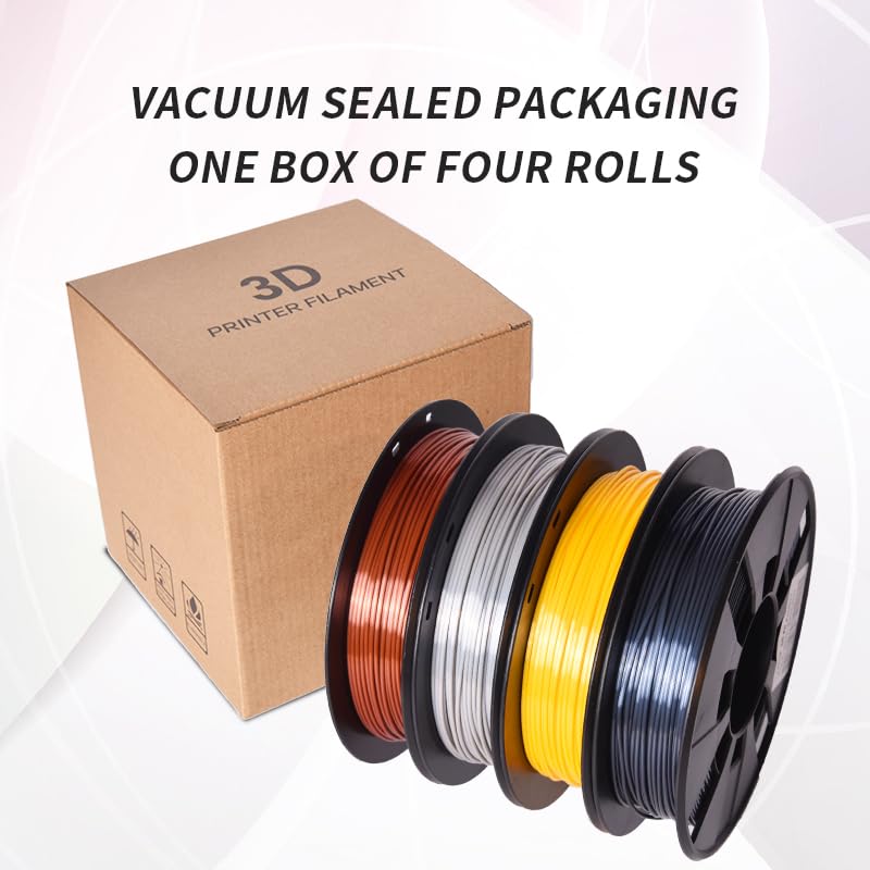 Rambery 3D Printer Filament Silk Pla Filament 1.75Mm Silver Gold Copper Grey, 200G X 4 Spools Shiny Metallic 3D Printing Filamen