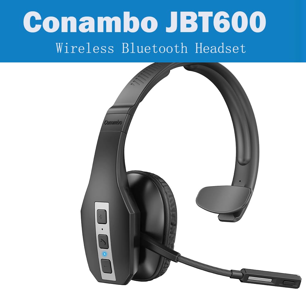 Conambo Bluetooth Headset, CVC 8.0 Noise Cancelling, 35Hrs Talktime, Wireless Handsfree, Large, Black, Mute Button for Drivers & Office