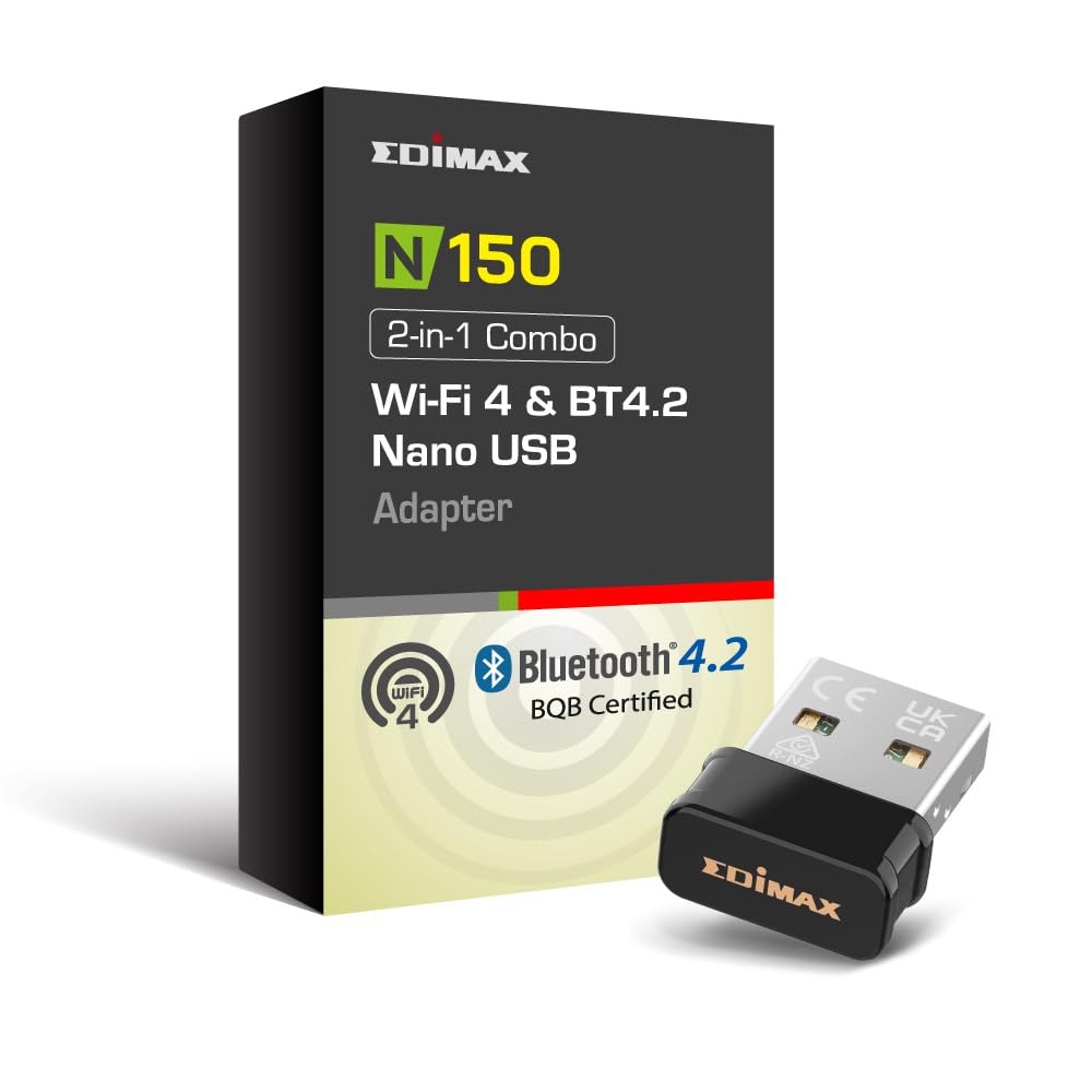 Edimax *New* 2 In 1 Wi Fi 4 + Ble Adapter, N150 + Bluetooth V4.2 (2.6X Faster) + Low Energy (Le) Combo Adapter For Pc, Wireless