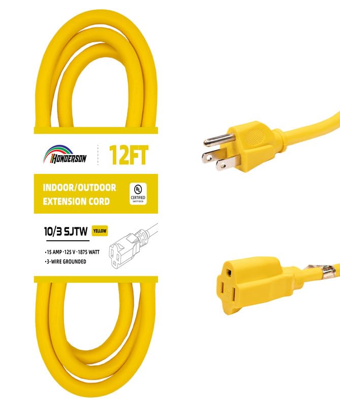 Honderson Indoor Outdoor Extension Cord Weatherproof, Ul Listed, 10 Gauge 12Ft Yellow 3 Prong Heavy Duty, 10/3 Sjtw 15A Power Co