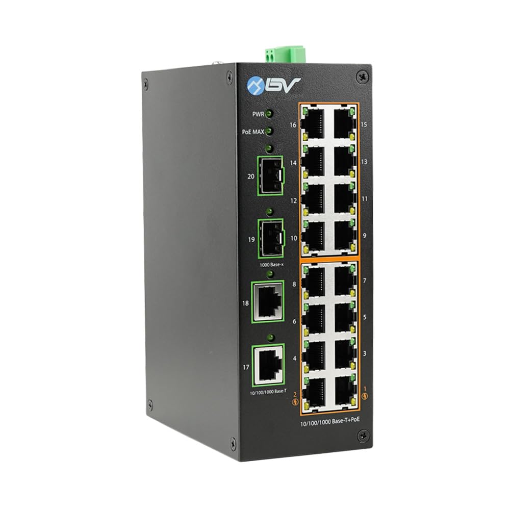 Bv Tech Industrial Din Rail Poe Ethernet Switch   16 Gigabit Ports, 2 Sfp Uplinks, 190W Poe Budget
