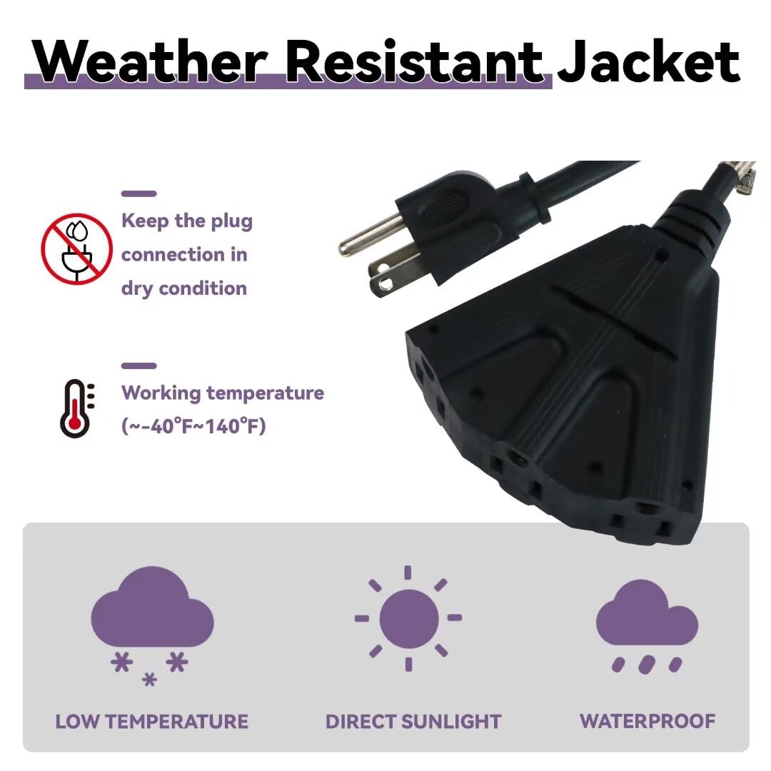 Greatide 2 Pack 25 Ft Outdoor Extension Cord With 3 Electrical Power Outlets   16/3 Sjtw Black Cable With 3 Prong Grounded Plug