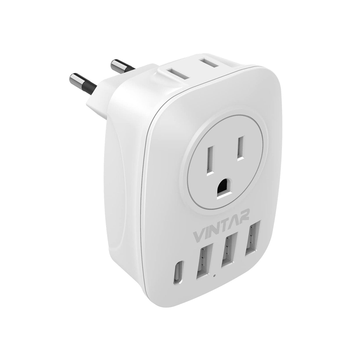 1 Pack European Travel Plug Adapter, Vintar International Power Plug Adapter With 2 Outlets, 3 Usb And 1 Usb C, 6 In 1 Travel Es