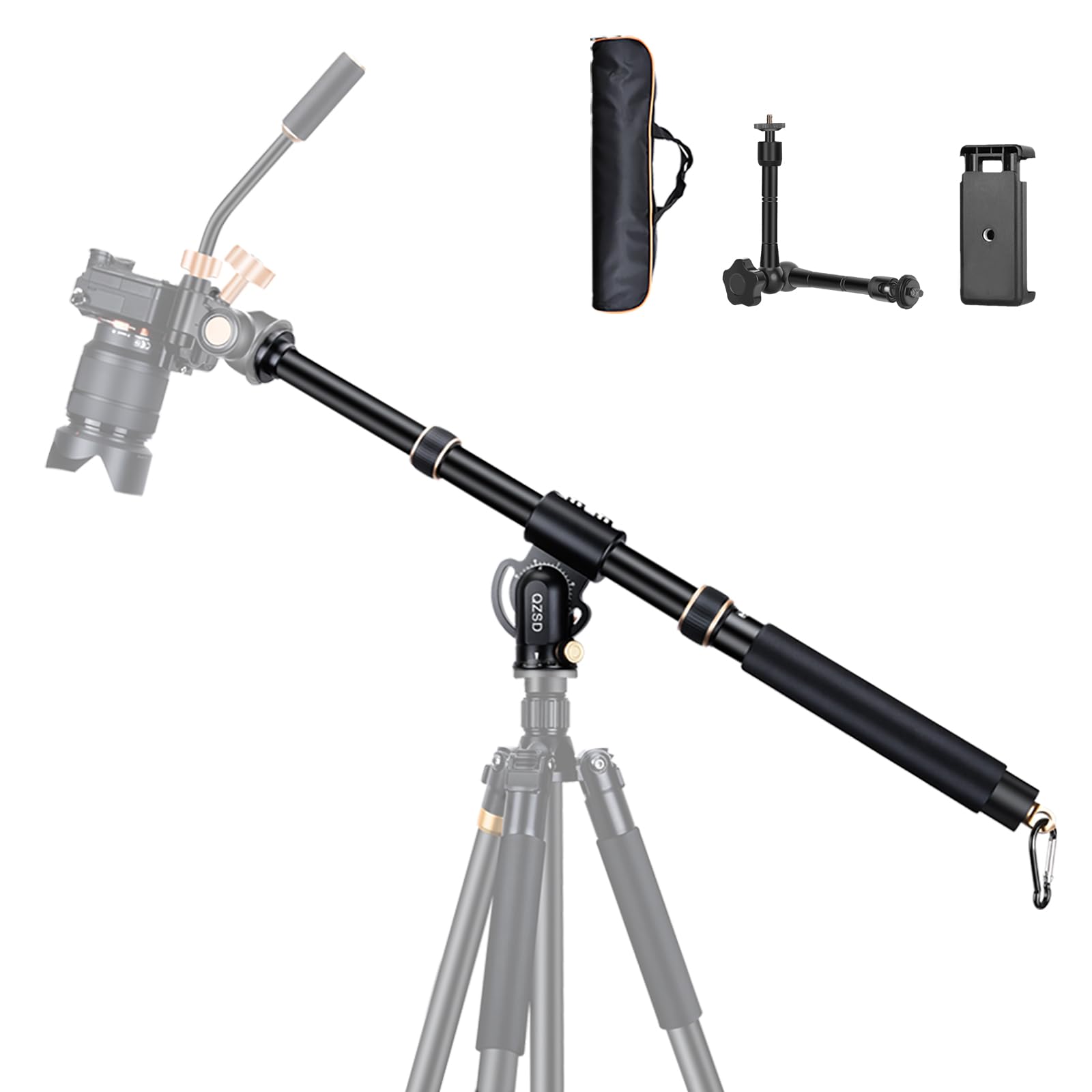 41'' Aluminum Tripod Extension Arm Retractable Horizontal Center Column Arm With 1/4'' And 3/8'' Scerws, 360 Rotatable For Overh