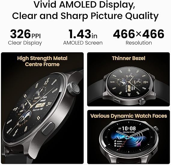 Tozo Amoled S5 Smart Watch (Answer/Make Calls), 1.43' Hd Screen For Men Women 100+ Sport Modes Fitness Watchs With Blood Oxygen/Sleep/Monitor, Ip68 Waterproof, Silicone Strap Black