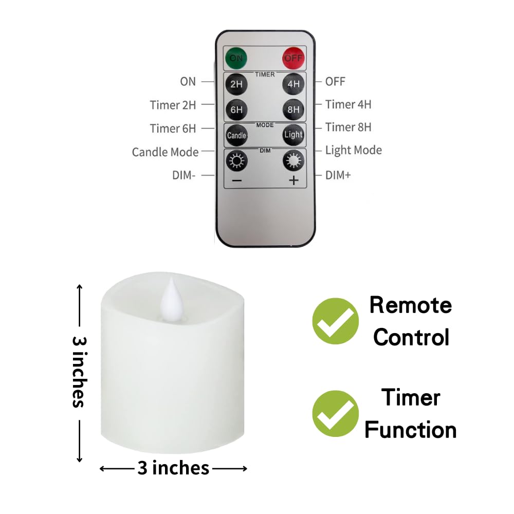 3X3 Flickering Flameless Candles Set Of 1,3 Inch Real Wax Led 600 Hours Battery Candles With Timer Remote,Control For Day Weddin