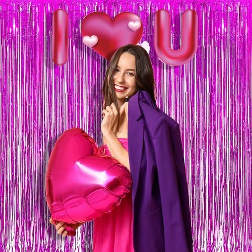 Braveshine Hot Pink Tinsel Foil Fringe Curtains   2Pcs 3.2X8.2Ft Metallic Party Streamers Backdrop For Girl Birthdays Valentines