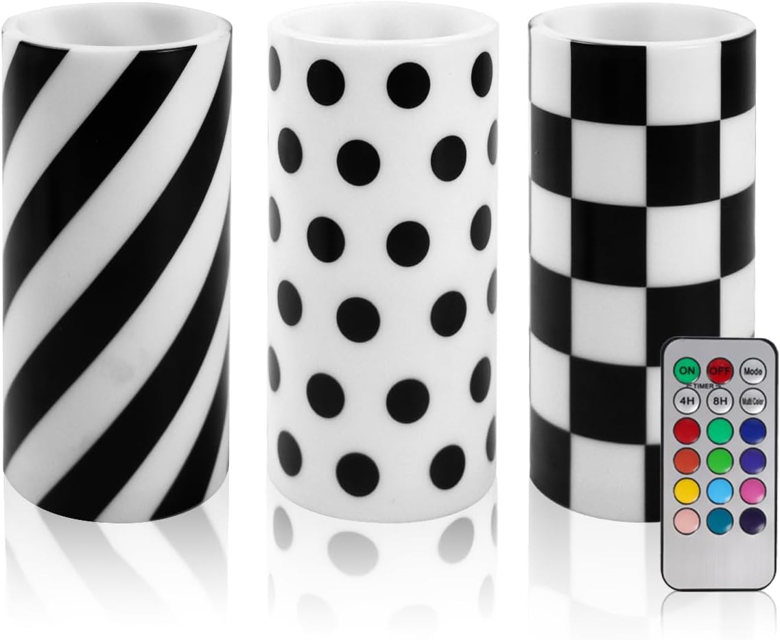 ONEIHOMM 3 Pcs Christmas Checked Black and White Candles Battery Operated Pillar Flameless Candle with Remote for Black and Xmas