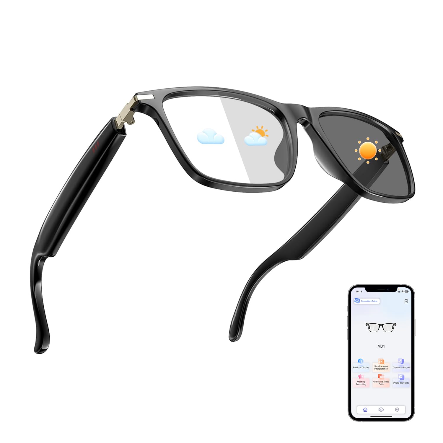 AI Translation Glasses, Support 169 Languages Real-Time Translation Powered By APP, Open-Ear Sound Mic & Speakers, Color-Change 