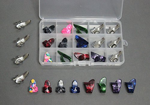 15Pcs Stainless Steel Celluloid Thumb Finger Guitar Picks Plectrum + 15 Grid Case Storage Box