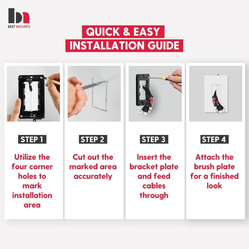 2 Pack Screw Less Brush Wall Plate Cable Pass Through With Brackets   In Wall Cable Management Kit   Snap On Single Gang Wall Co