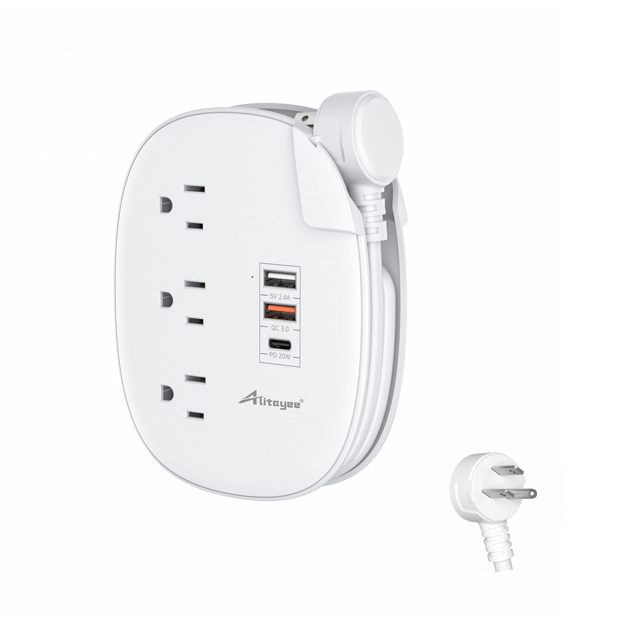 Alitayee 20W Usb C Power Strip With 3 Outlets And Usb C Fast Charging For Iphone, Qc 3.0 Charger, Flat Plug And 3Ft Wrapped Arou