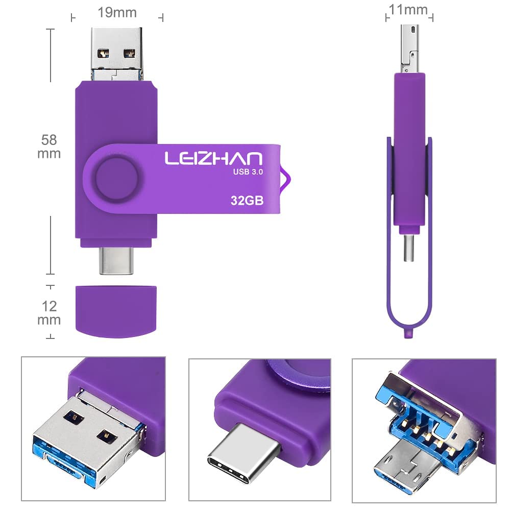 Leizhan 32Gb Flash Drive 3 In 1 Type C/Micro/Usb 3.0 Otg Flash Drive High Speed Memory Stick Thumb Drive Compatible With Samsung Galaxy,Hua Wei,Lg,Google Pixel, More Android Smartphone, Tablet, Pc