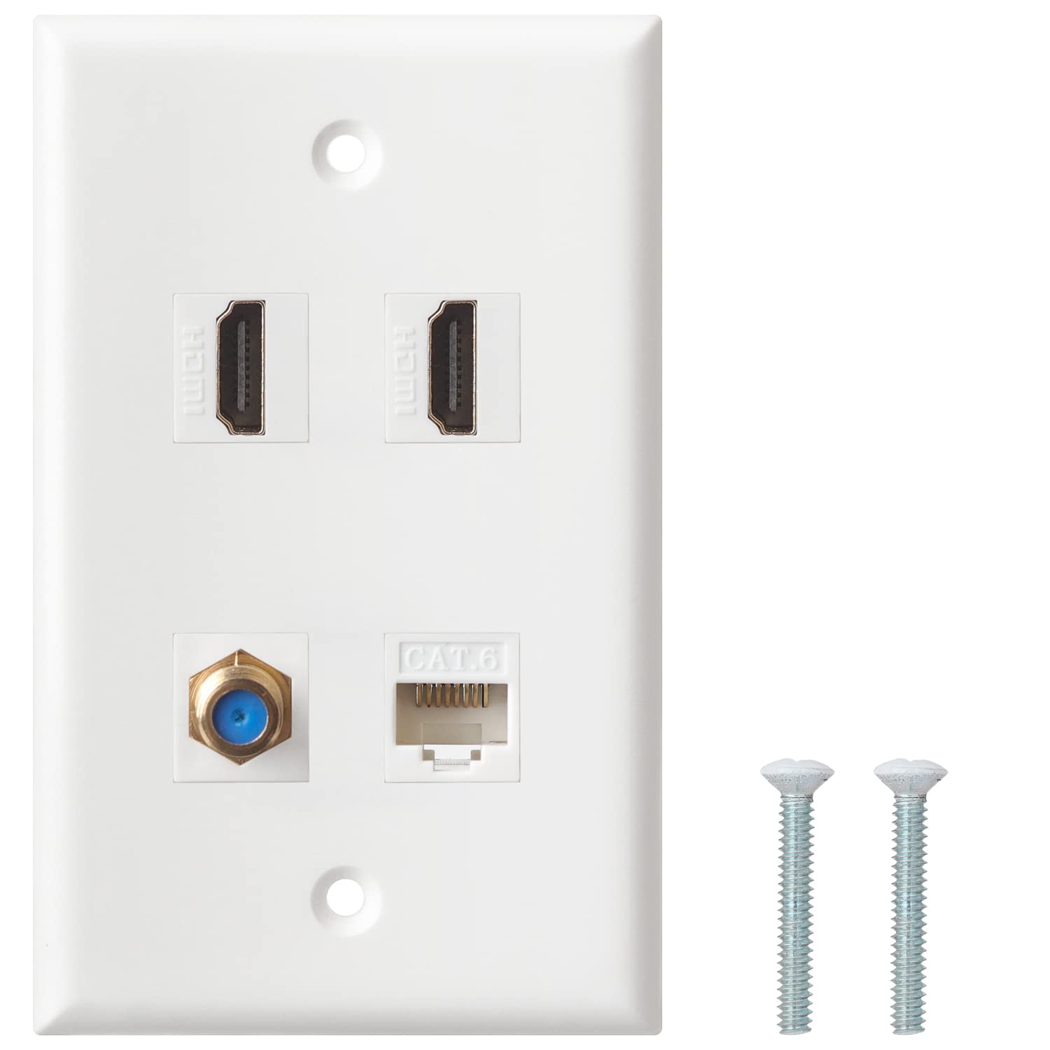HDMI Coax Ethernet Wall Plate, 2 Port 4K HDMI Keystone, 1 Port Coax Keystone, 1 Port CAT6 Keystone Wall Plate