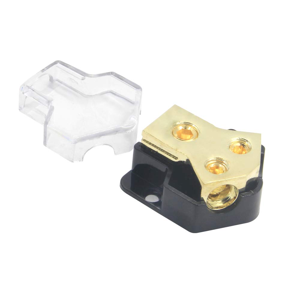 Rkurck 2 Way Power Distribution Block, 0/2/4 Awg Gauge In, 4/8/10 Gauge Out, Car Audio Stereo Amp Distribution Connecting Block