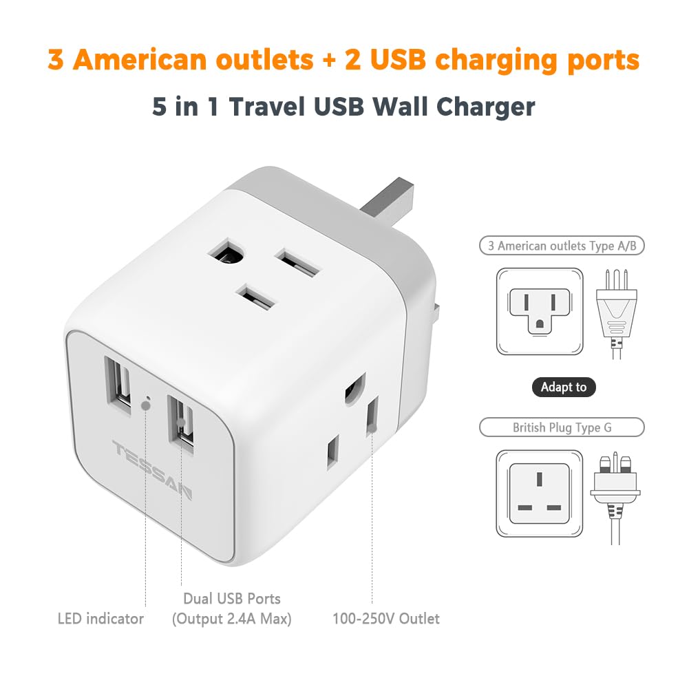 Tessan Us To Uk Plug Adapter, Type G Uk Travel Plug Adapter, Ireland Scotland Dubai Power Converter With 3 Outlets And 2 Usb Por