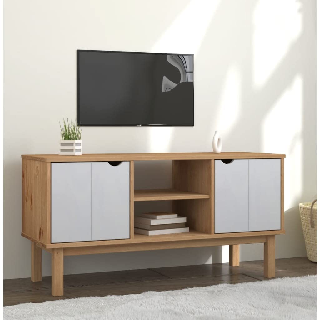 Vidaxl Otta 44.7''X16.9''X22.4'' Tv Stand, Brown And White, Scandinavian Style, Made From Solid Pinewood, With Ample Storage Spa