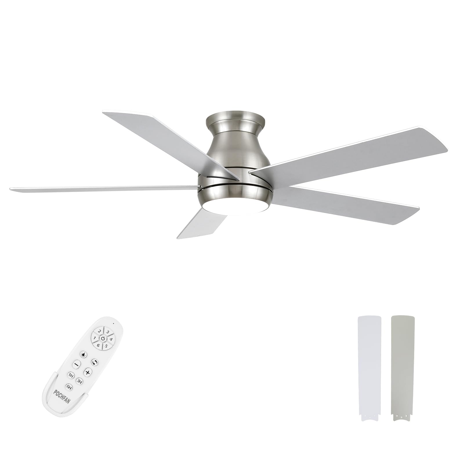 POCHFAN 52 Inch Brushed Nickel Ceiling Fans with Lights and Remote, LED Low Profile Flush Mount Ceiling Fan for Bedroom, Living 
