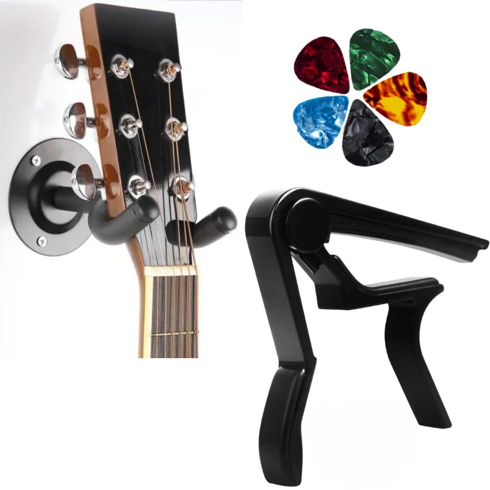 Flare Guitar Wall Mount Metal Body Display Bracket Guitar Hanger And Quick Change One Handed Trigger Guitar Capo With 5 Picks